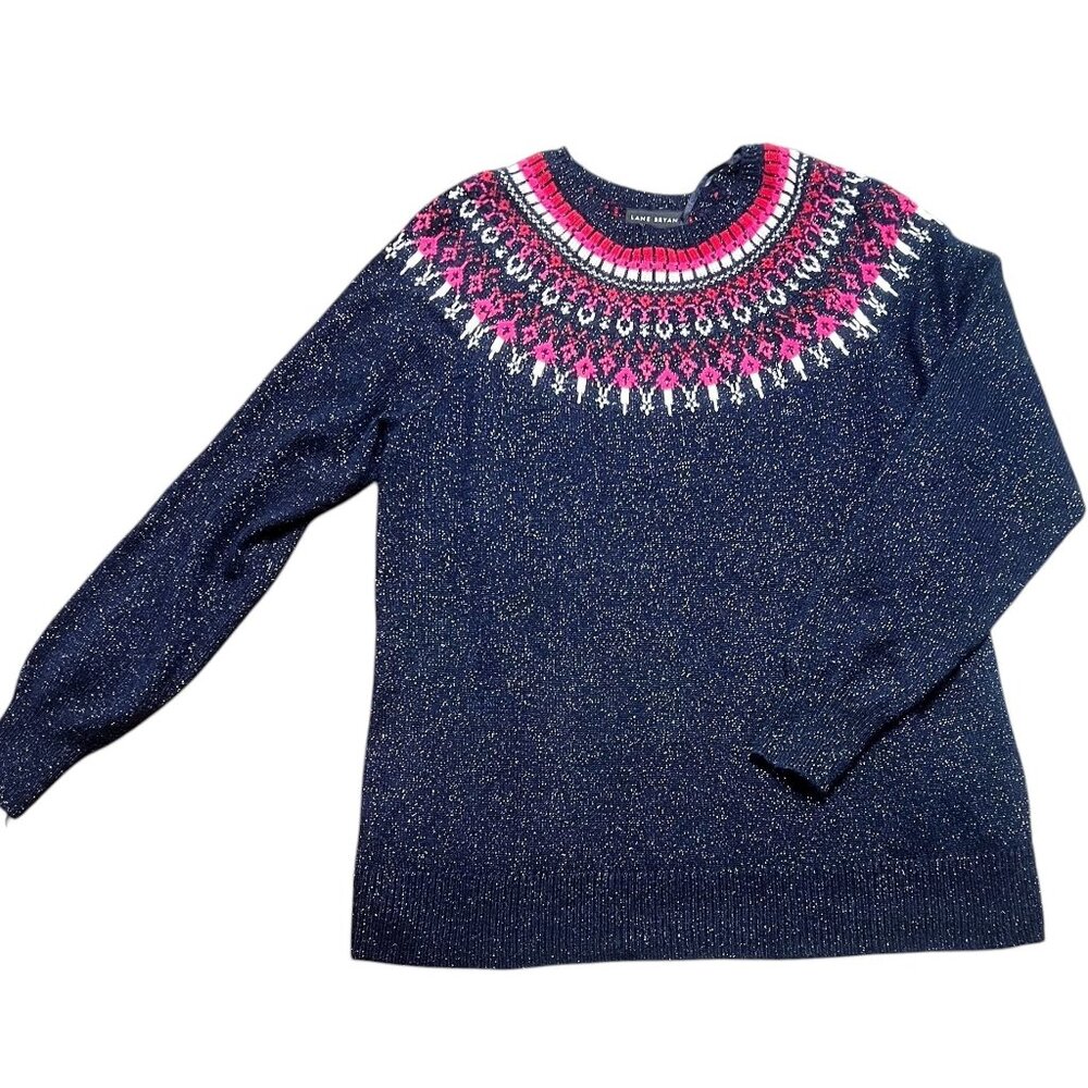 Lane Bryant Sweater Womens Size 14/16 Navy Pink Fair Isle Sparkle Scoop Neck